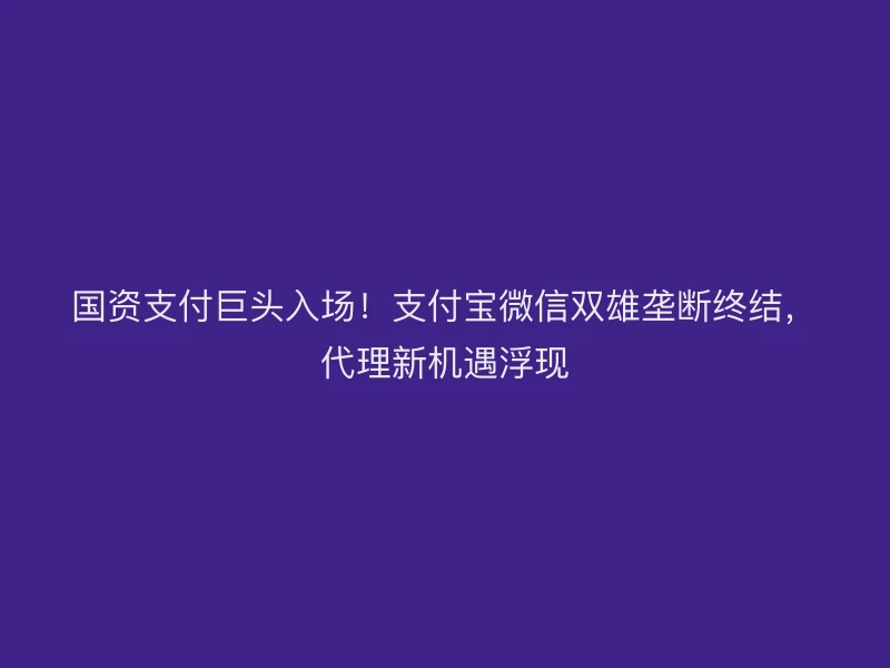 国资支付巨头入场！支付宝微信双雄垄断终结，代理新机遇浮现